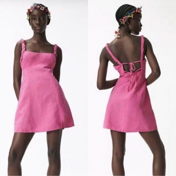Zara Pink Linen Blend Mini Dress NEW Size Medium - Picture 1 of 10